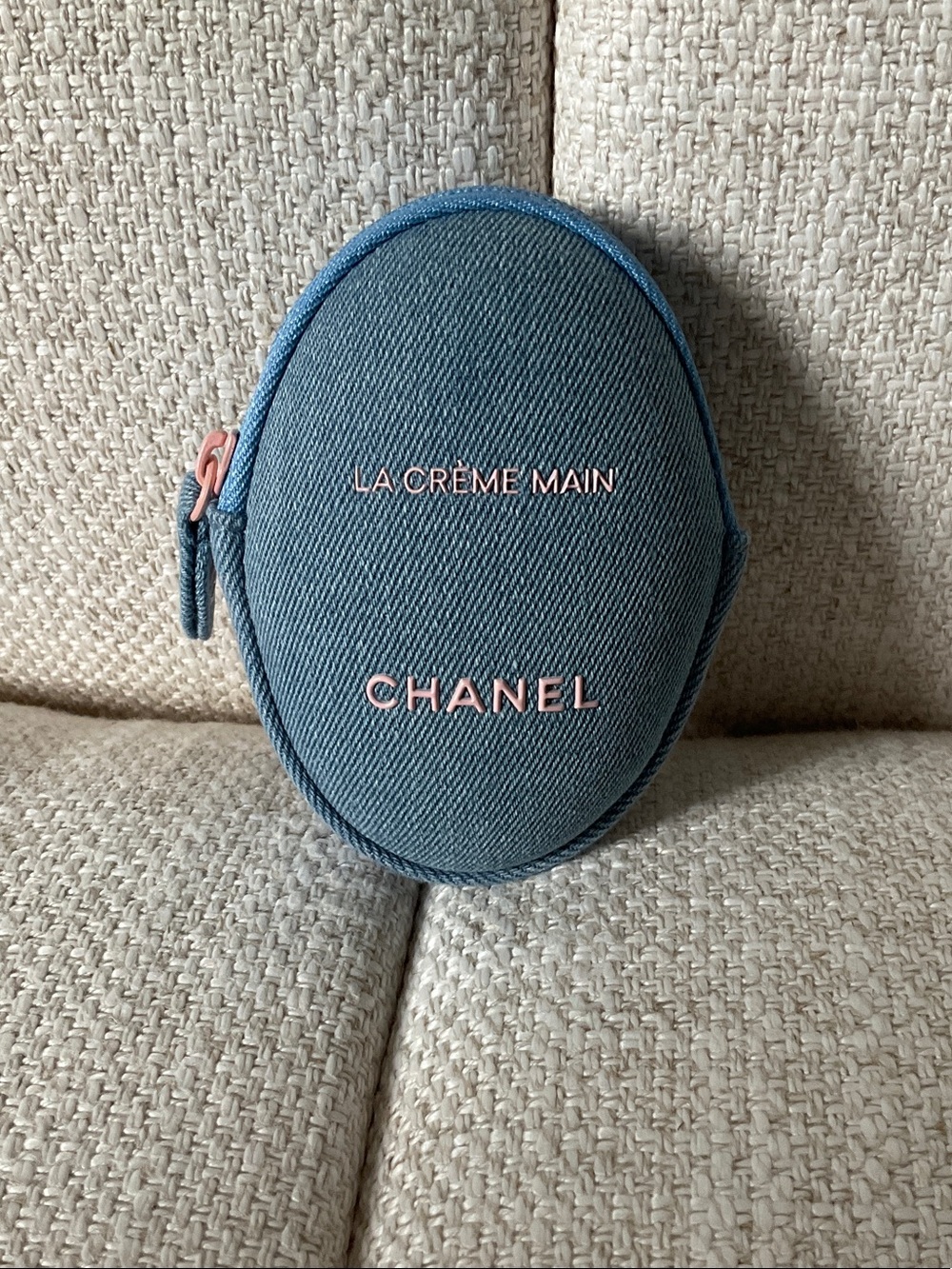 CHANEL Denim Blue La Crème Main Pouch with Pink Accents